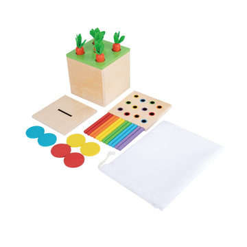 Adena Montessori 3 in 1 Wooden Play Kit - Color Drop Game, Carrot Harvest, Coin Box - Medium - Multicolor - Learning Toy for Kids 6-36 Months