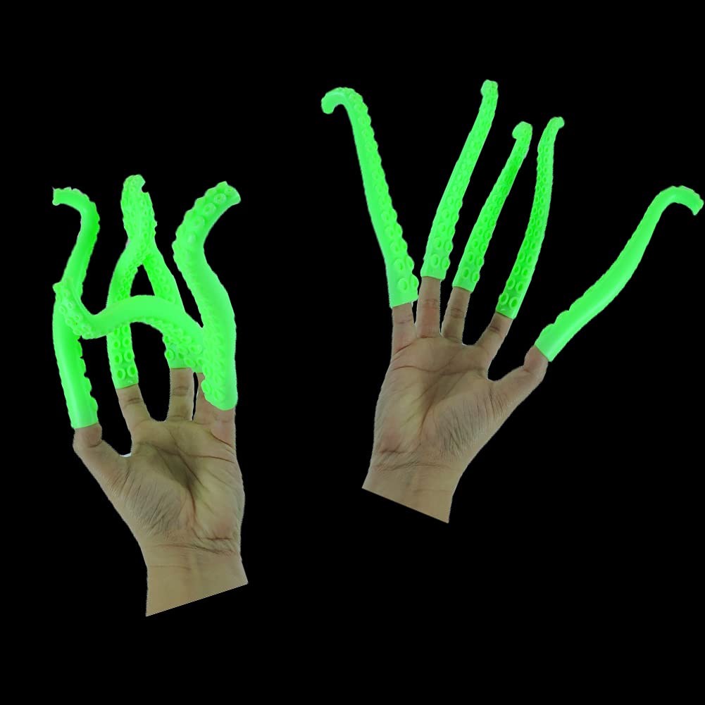 10 Silicone Finger Tentacle Puppets Green Glow-in-The-Dark