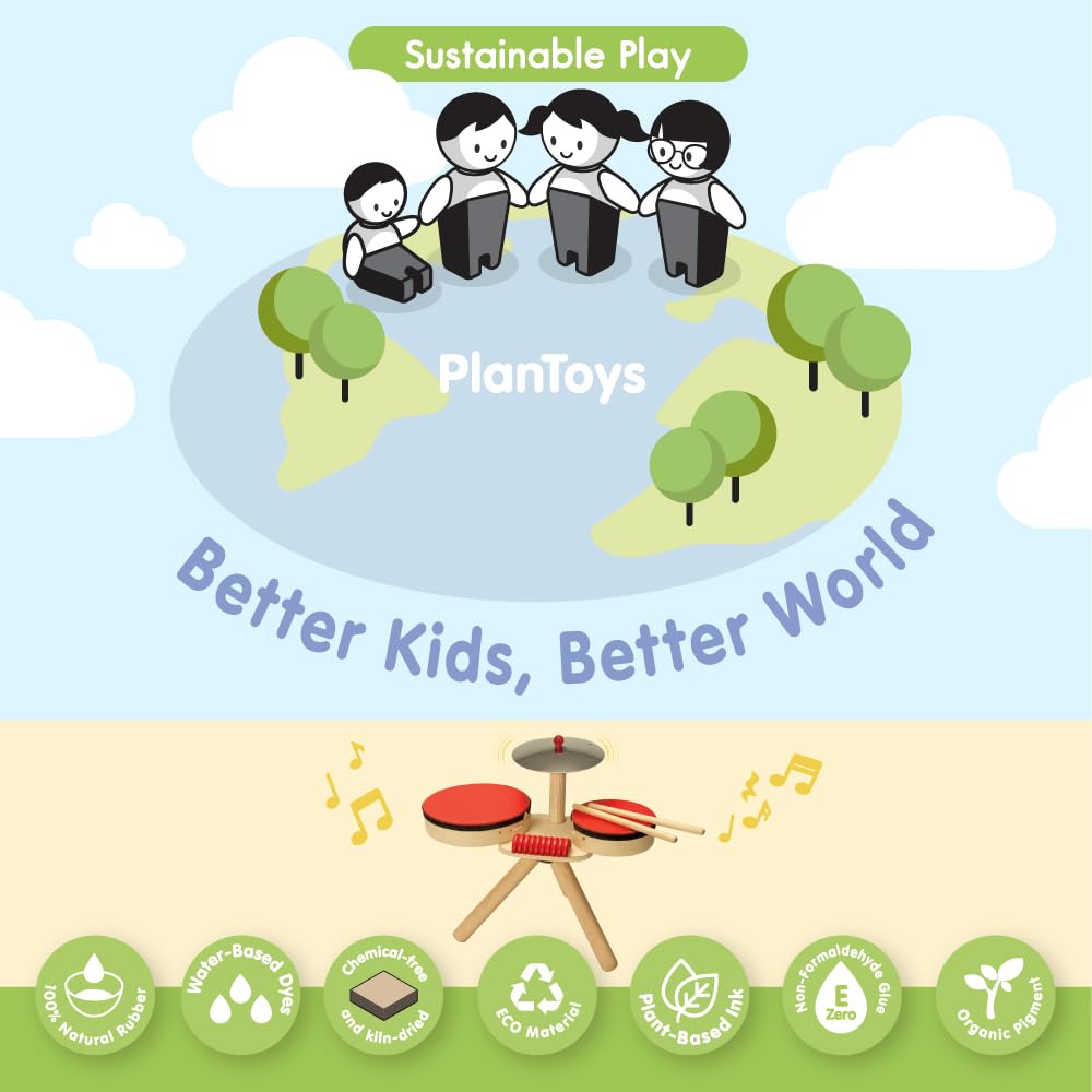 PlanToys Musical Band Toddler Drum Set Sustainably-Made with 2 Different-Sized Drums, Pair of Rubber-Coated Drumsticks, Cymbal,