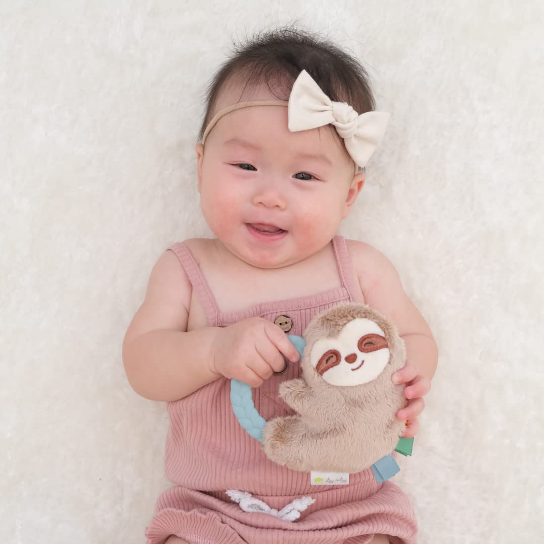 Itzy Ritzy - Ritzy Rattle Pal With Teether - Baby Teething Toy Features A Minky Plush Character, Gentle Rattle Sound & Soft Teether Toy For Newborn (Sloth)