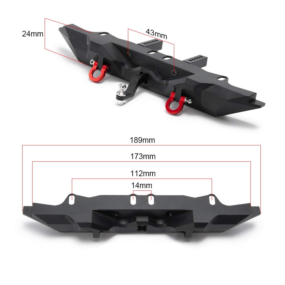 RCLions Aluminum Rear Bumper with Trailer Hitch 2pcs Red Shackles for TRX-4 T4 1/10th RC Crawler Car Upgrades Parts