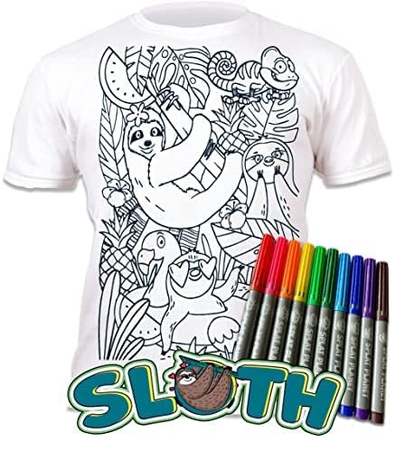 Splat Planet Color-in Sloth Jungle T-Shirt with 10 Non-Toxic Washable Magic Pens - Color in and Wash Out T-Shirt (9-11 Years) Wh