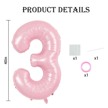 TONIFUL 40 Inch Baby Pink Number 3 Balloon - Aluminum Birthday Party Supplies