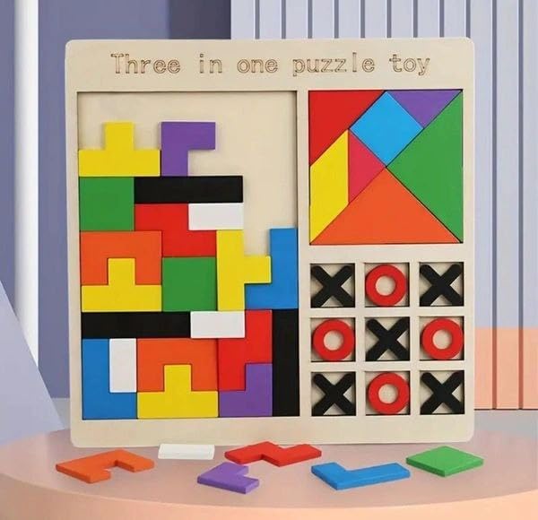 3 In 1 Wooden Educational Puzzle Toy For Kids Tangram Shape Sorter & TicTacToe Game | Montessori Learning Toy For Toddlers Bra