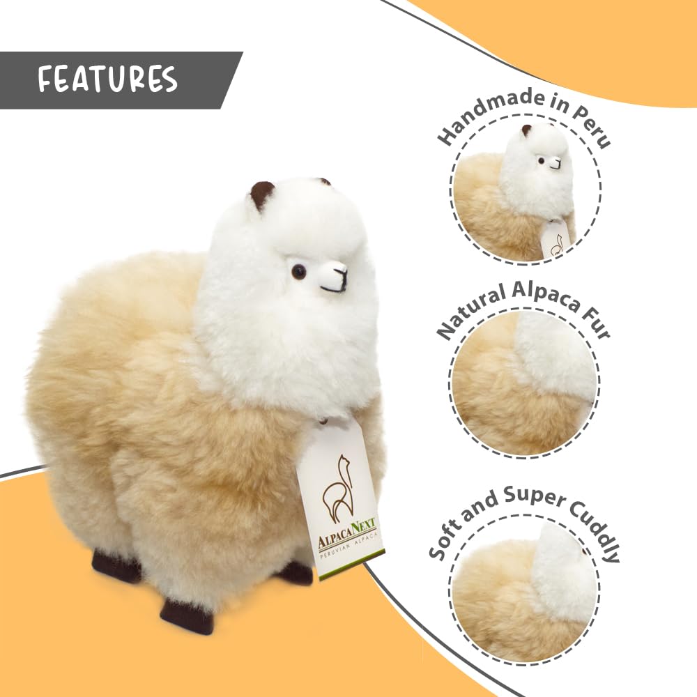 Real Alpaka Natural Fur Toy - 9 inch. Soft and Cuddly Handcrafted Llama Stuffed Animal. (9 inches, Beige & White)