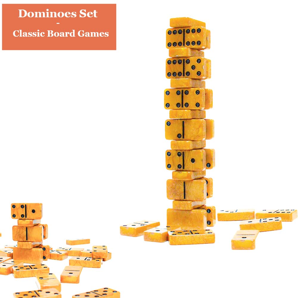 Vovotuzzi Dominos Set For Adults, Thick Domino, Double 6 Dominoes Set For Adults And Kids, 28 Marbleized Gold Tiles In Brown Lea