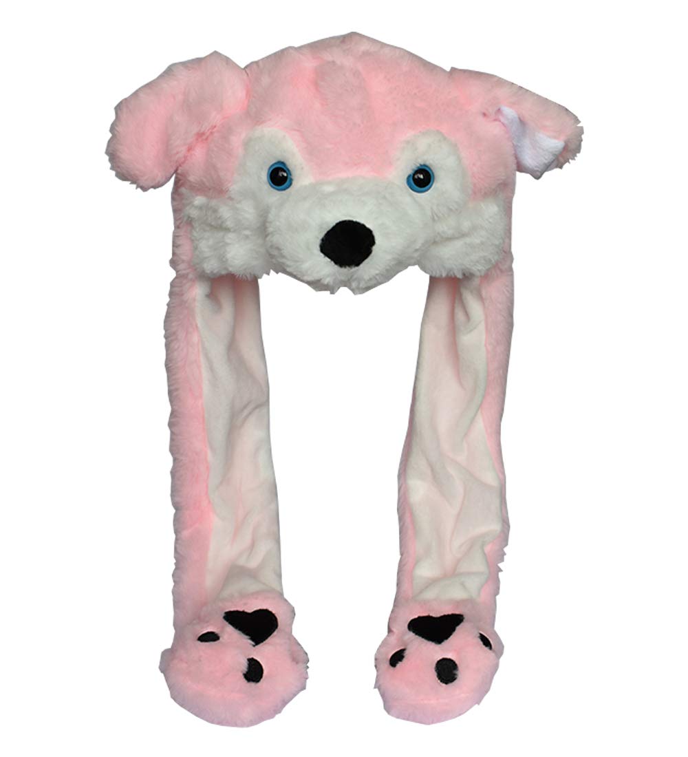 Joyhy Kids Adults Plush Hat Ear Moving Ear Flap Hat With Paw Pink Wolf