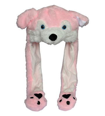 Joyhy Kids Adults Plush Hat Ear Moving Ear Flap Hat With Paw Pink Wolf