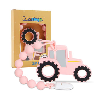 Baby Food Grade Silicone Tractor Truck Teether Toy With One Piece Design Pacifier Clip Holder,Teething Pain Relief Toys Gift Set