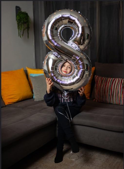 Silver 8 Balloon, Number Balloons 40 Inch, 8Th Birthday Decorations For Boys Girls, Silver Birthday Balloons, Silver Party Suppl