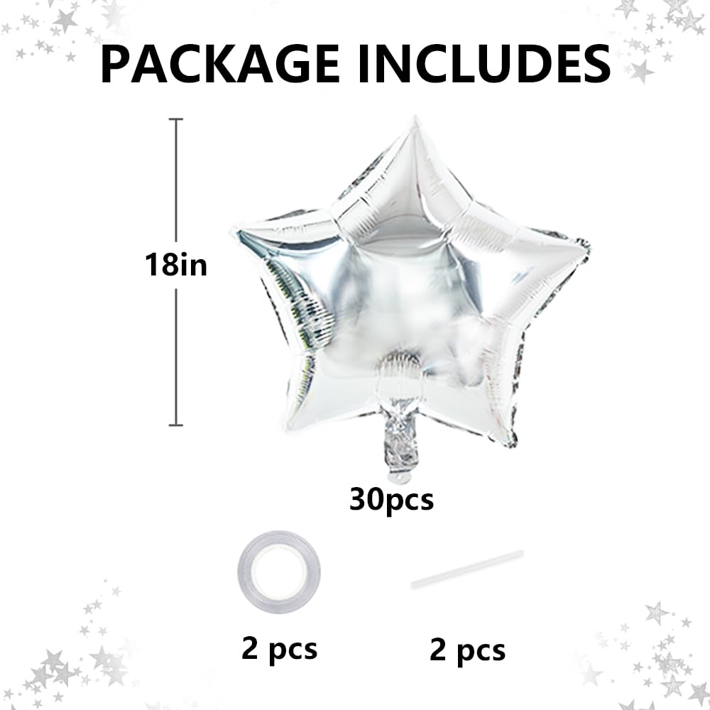 TONIFUL 30Pcs 18 Inch Large Silver Star Shape Foil Balloons Big Silver Stars Helium Mylar Ballons for Birthday Wedding Baby Show
