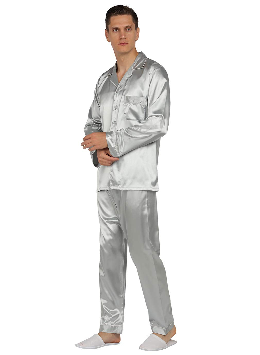 Yimanie Mens Satin Pajamas Set Classic Sleepwear Loungewear Silver Grey