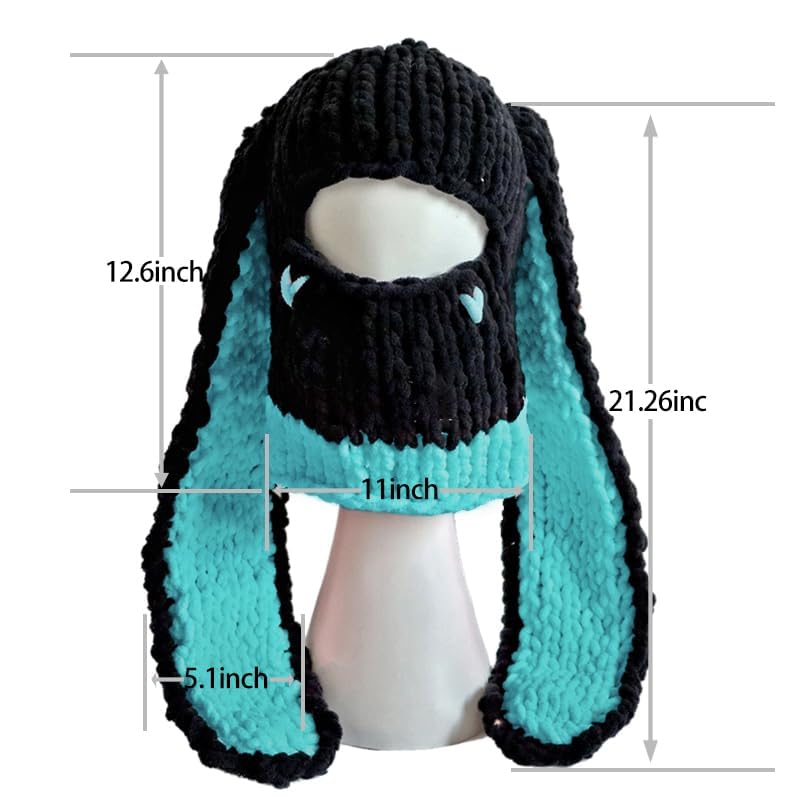 XKCL Knit Plush Bunny Hat - Fluffy Long Ears Cosplay Party Hat (Black Dark Green)