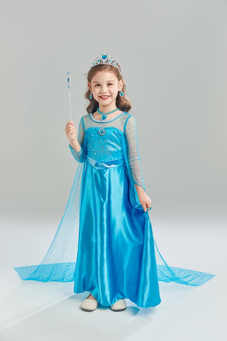 Sototoo Elsa Costume Long Sleeves Princess Dress Queen White Costume Cosplay Dress Up With Accessories Halloween (Blue 2,7-8Year