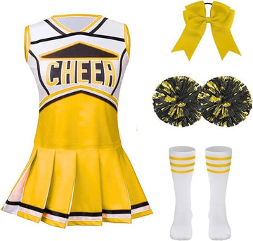 LMYOVE Classic Yellow 5-Piece Cheerleading Set for Kids - Includes Top, Skirt, Pom Poms, Headband, and Socks,8-9Y