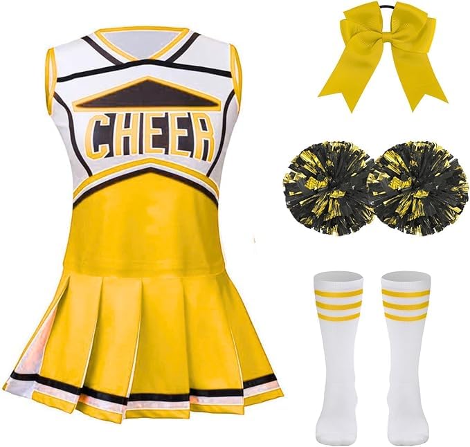 LMYOVE Classic Yellow 5-Piece Cheerleading Set for Kids - Includes Top, Skirt, Pom Poms, Headband, and Socks,4-5Y