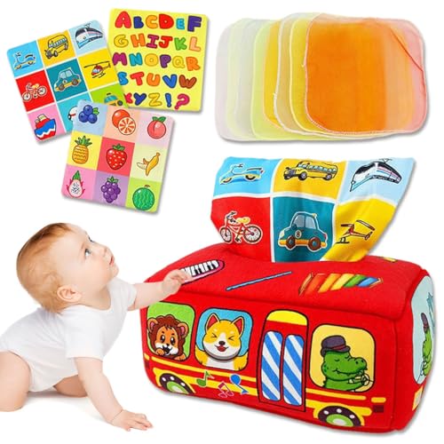 Patpat Soft Tissue Box Toy For Baby 6 To 18 Months Animal Bus Cloth Tissue Box Montessori Toy Crinkle Sensory Activity With 8Pcs