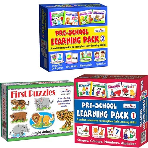 Creatives PreSchool Learning Pack  2 Flash Cards (MultiColor) & Creatives First Puzzles  Jungle Animals (MultiColor) & Crea