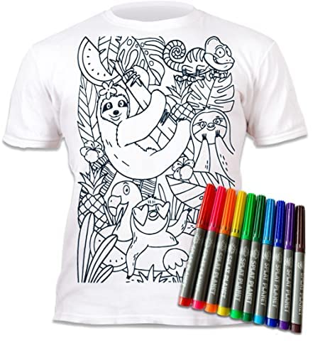 Splat Planet Color-in Sloth Jungle T-Shirt with 10 Non-Toxic Washable Magic Pens - Color in and Wash Out T-Shirt (9-11 Years) Wh