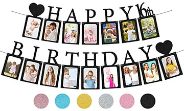 Sweet 16 Birthday Decorations Photo Banner In Black Pre-Assembled - Sweet 16 Banner With Sixteen Photo Card Frames Party Supplie