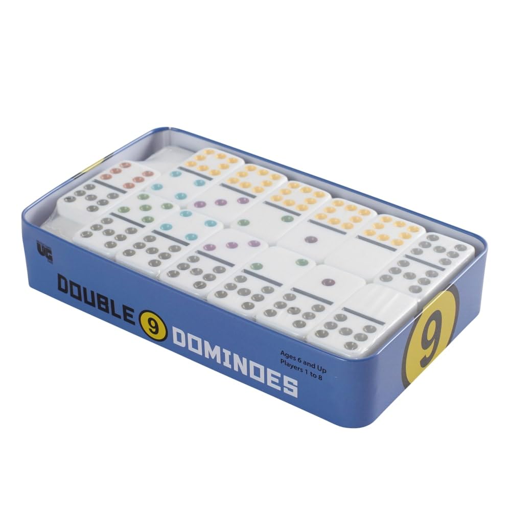 Front Porch Classics, Double 9 Colored Dot Dominoes Travel Tin Set, 2 To 8 Players Ages 8 To 99