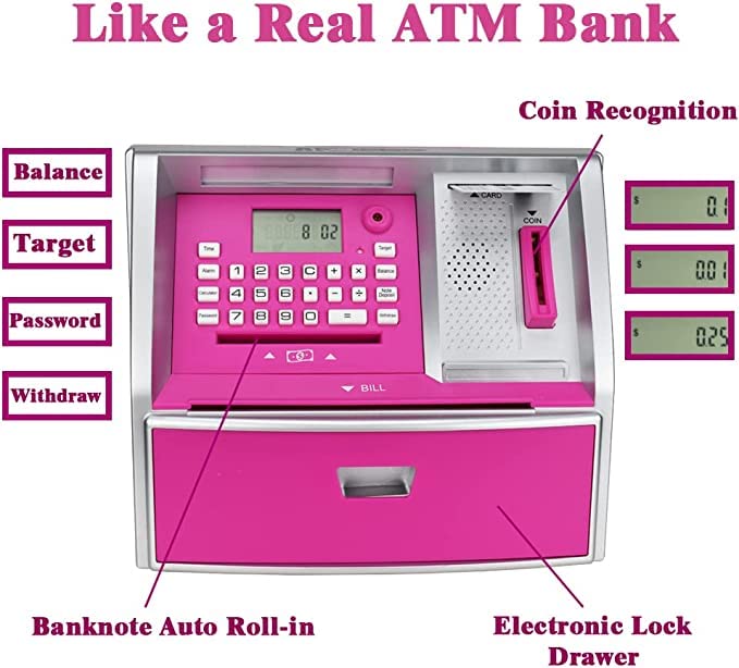 Like Talking Atm Savings Bank, Digital Piggy Bank, Atm Money Coins Machine For Kids Birthday Gift (Pink/Silver)