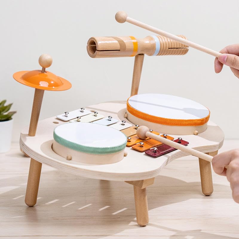 Dratal Wooden Xylophone And Drum Set For Toddlers, Montessori Musical Learning Toys, Cymbals & Mallets Included, Safe NonToxic 
