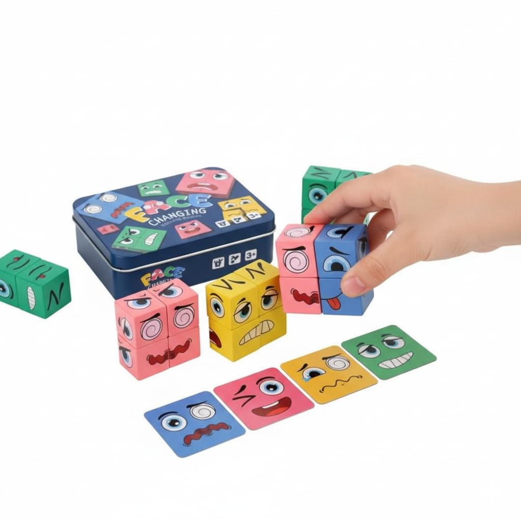 Kelexx MultiColour FaceChanging Building Blocks Emoji Puzzle Game  Educational Wooden Toy For Toddlers & Kids, Emotion Learni