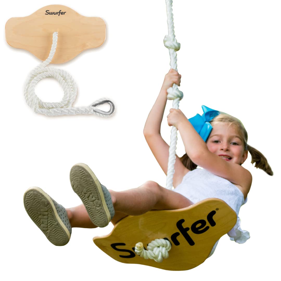 Swurfer Swift - Maple Wood Disc Swing for Kids Ages 4 and Up  Holds up to 150 Pounds - Includes 18 Curved Seat Swing with Heavy Duty Braided Rope  Brown