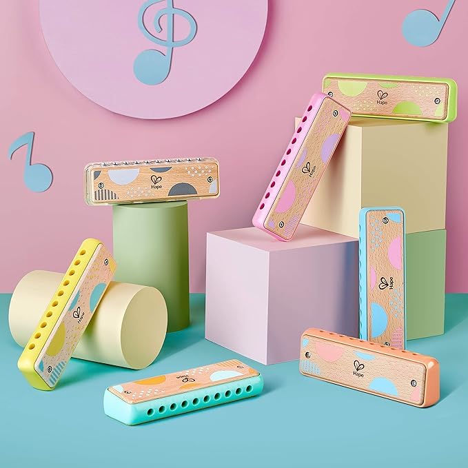 Hape Blues Harmonica  10 Hole Wooden Musical Instrument Toy For Kids, Yellow (E8919)