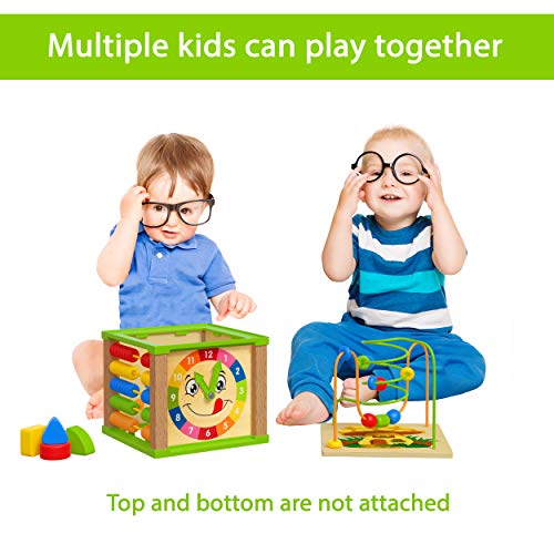 TOYVENTIVE Wooden Activity Cube - Montessori Sensory Toy for 1-2 Year Olds, Blue Table-Top Size, Perfect Birthday Gift with Bonus First Words Book