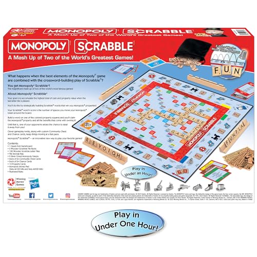 Winning Moves Monopoly Scrabble Game, 2-4 Players, Cardstock, Red, Model 1250, Play in Under One Hour, Ages 8+