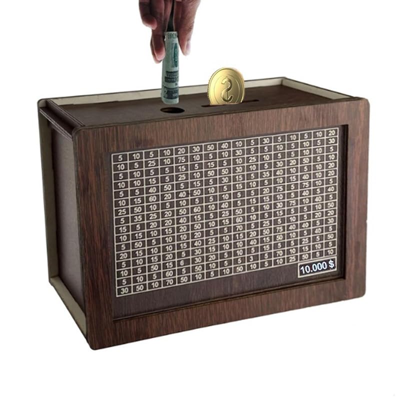 Cash Vault Wooden Savings Box,Kakeibo Money Box, Wooden Savings Box With Money Target And Numbers Best Gift For Friends (Brown,