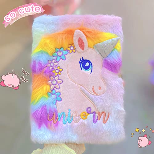 YOYTOO Unicorn Diary for Girls with Lock and Keys, Plush Unicorn Journal Notebook for Kids, Secret Lock Diary with 160 Lined Pag