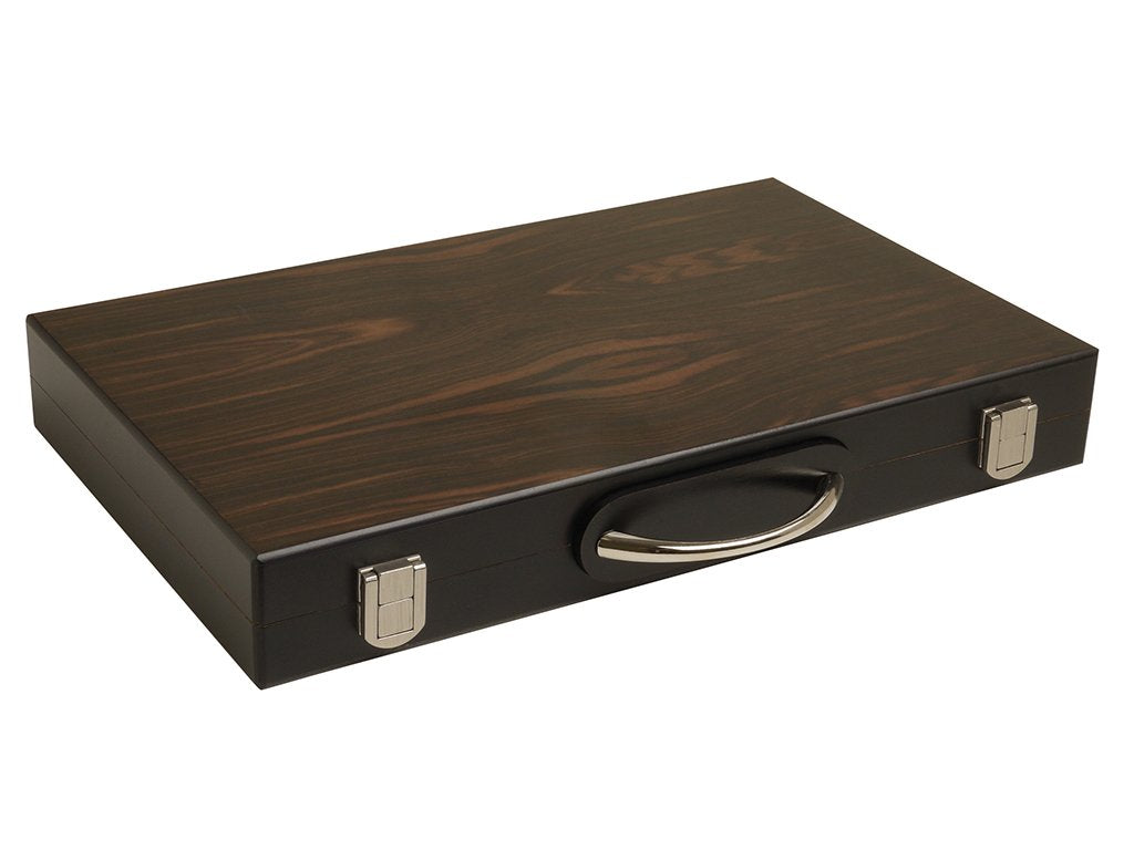 15-Inch Wood Backgammon Set - Black/Zebra Wood Board - Oak Inlaid Wood Field