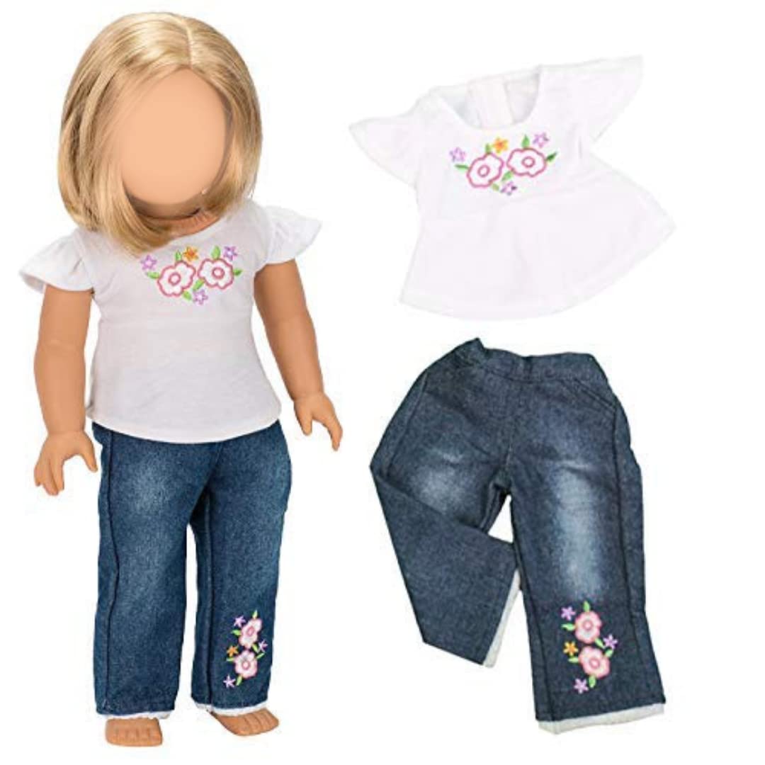 Casual T-Shirt & Jeans 2pc Doll Outfit - enhanced Handmade Clothes & Accessories Compatible w 18 American Girl Dolls- Set Includes Jeans & Floral T Shirt  Gift Set for Girls  Kids  & Doll Collectors