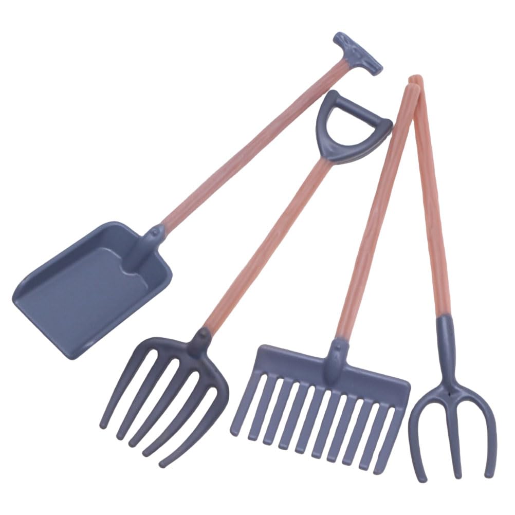 LOGOFUN 4pcs Miniature Dollhouse Garden Tools 1:12 Scale Mini Shovels Rake Pitchfork Model Tiny Farmhouse Tools for Mini House Fairy Garden Decoration Accessories