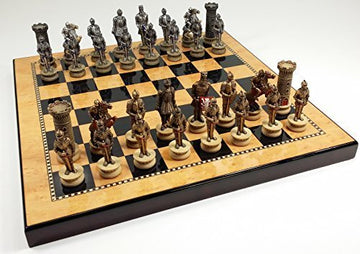 WW/HPL Medieval Times Chess Set - Gold & Silver Warrior Knights with 15" High Gloss Dark Walnut & Birdseye Maple Board
