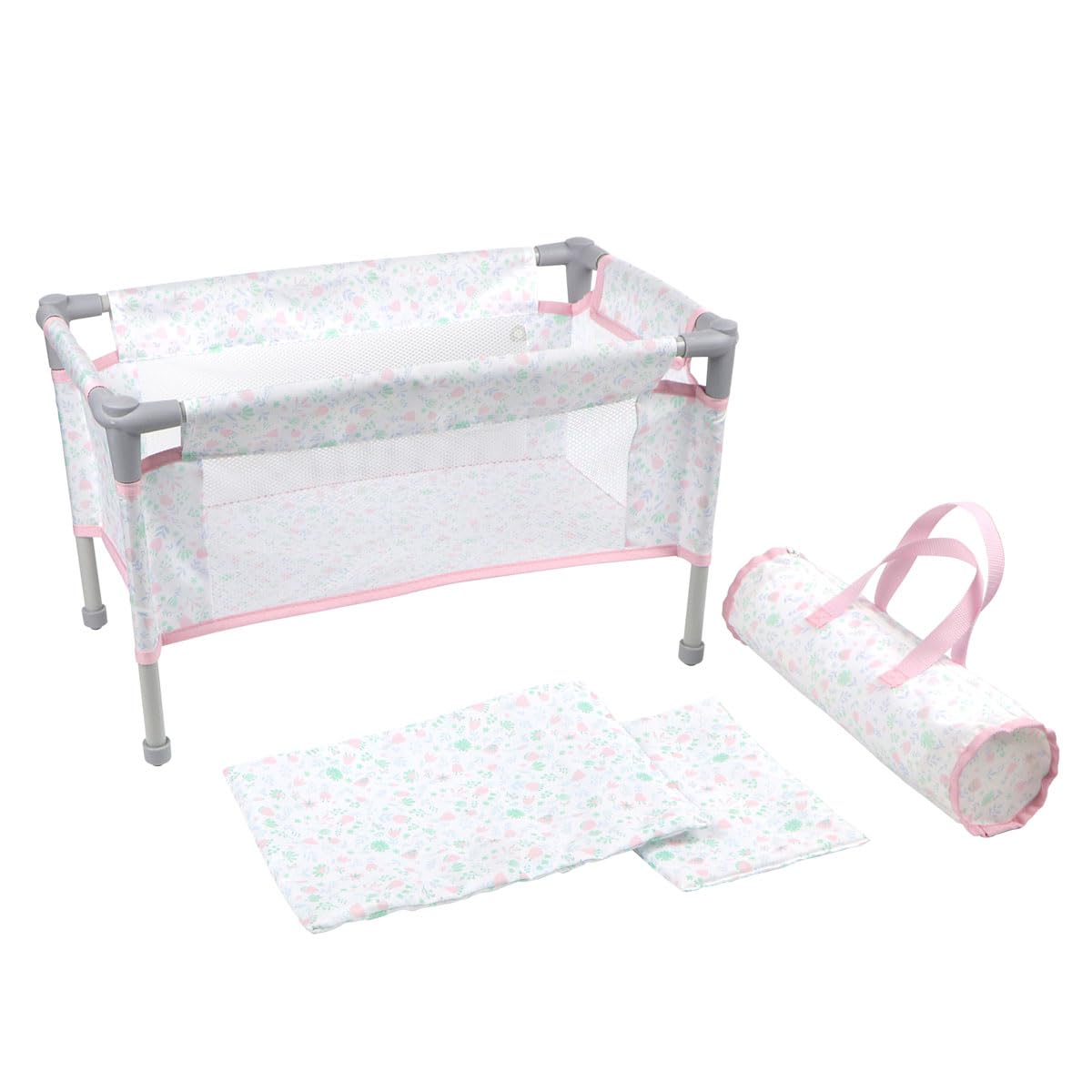 Jc Toys - Berenguer Boutique | Travel Folding Crib - Playpen With Accessories | Pink Floral Collection | For Dolls Up To 18'' | 