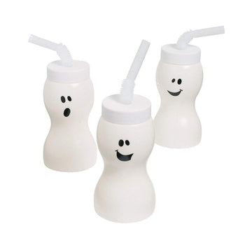 Fun Express Set of 12 Pieces Ghost Shape Cups with Straw for Halloween, Holds 8 oz, BPA Free Plastic, Kids Party Supplies, White