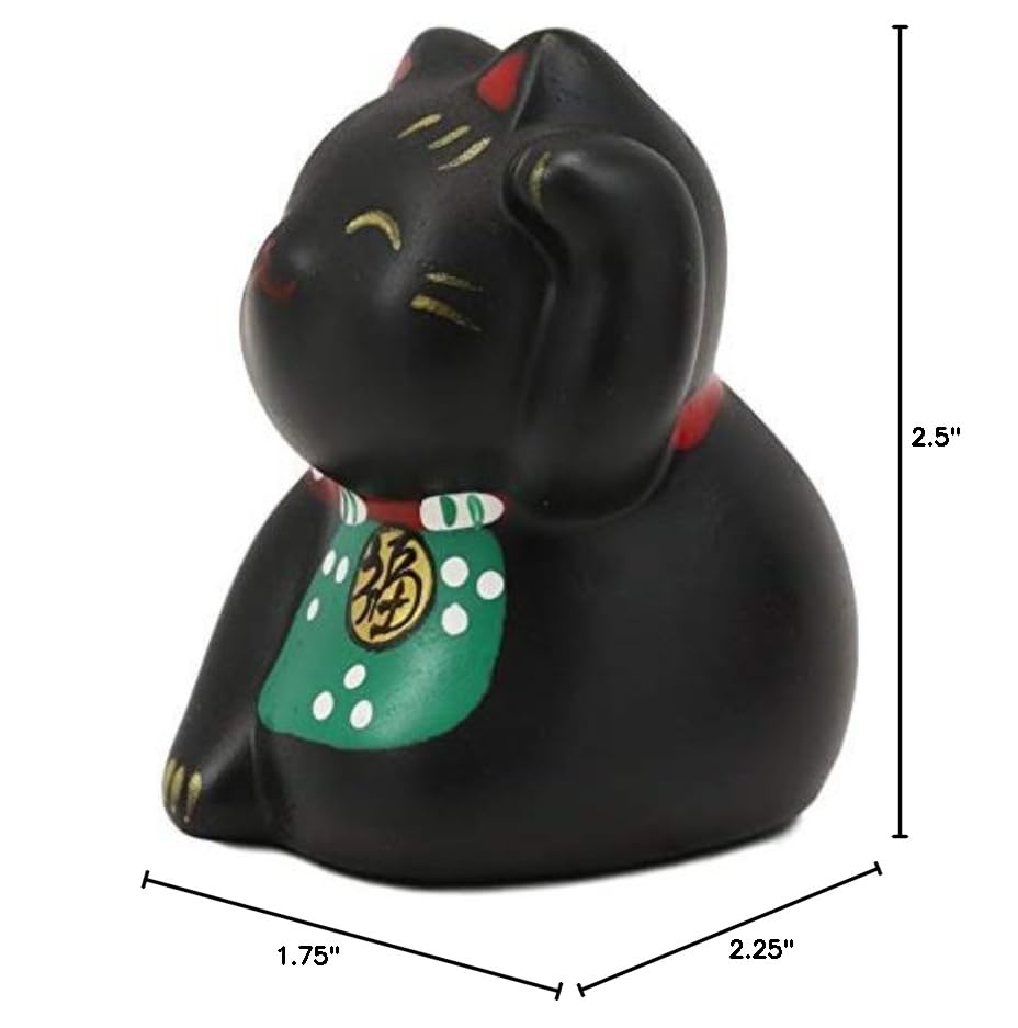 Ebros Japanese Good Luck And Fortune Charm Beckoning Cat Maneki Neko With Baby Bib Miniature Ceramic Figurine 2.5' Tall Welcoming Lucky Cats Symbol (Black Maneki Neko)