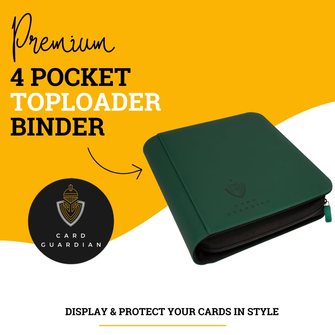 Card Guardian - Toploader 4 Pocket enhanced Binder with Zipper for 160 Cards - Side Loaded Pockets - Compatible with Sports and Trading Cards TCG (Green)