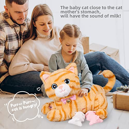 Plush Cat Toy Nursing Stuffed Animal Set, Singing, Barking, Plush Kitty Mommy Cat with 2 Little Plush Baby Kittens Christmas and