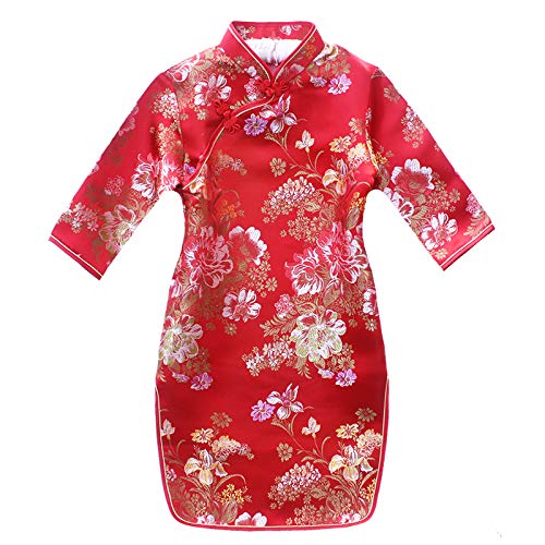 Hooyi Girl'S Chinese Peony Rose Qipao Half Sleeve Cheongsam Wedding Princess Birthday Party Costume Dress, Red, Medium