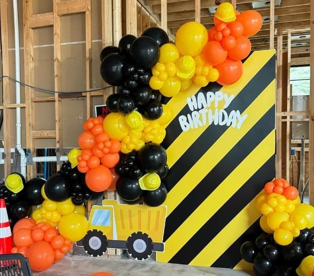 Construction Balloons, 12 Inch Black Orange Yellow Balloons,Excavator Helmet Warning Printed Latex Balloons For Construction Par