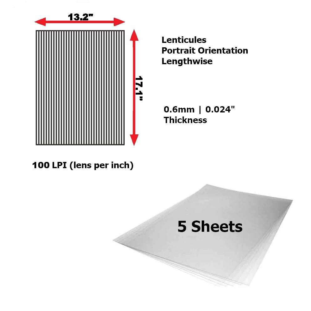 Lenticular Sheet 17x13, 100LPI (Pack of 5) - Transparent Lenticular Lens Sheet Blanks, Portrait, for Magic Tricks, 3D/Morph/Zoom