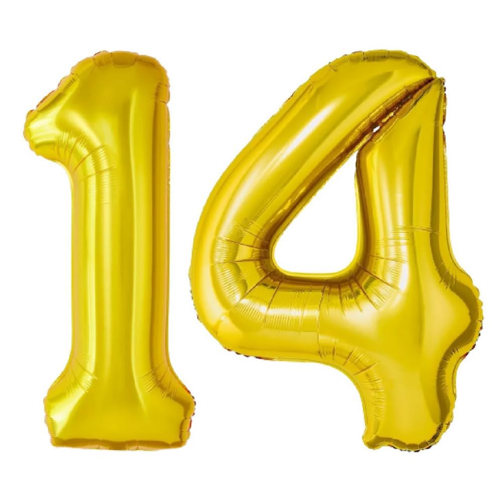 On Blow 14 Number Gold Foil Balloon 16 Inch Size for Birthday Celebrations, Anniversary, Engagement, Wedding, Farewell Party Dec