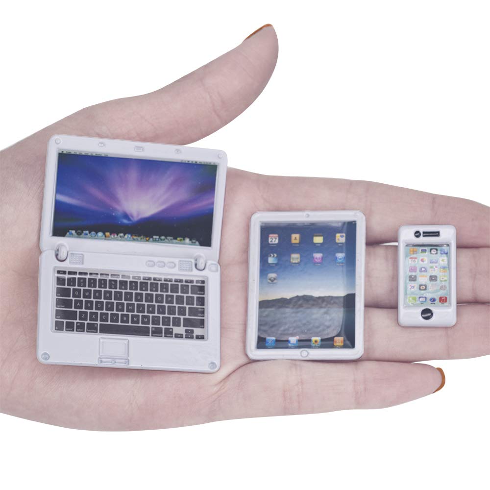 Dollhouse Decoration Miniature Accessories Dollhouse Computer Laptop Tablet Phone Simulation Accessories For Doll 1/6 1/12 Miniatures Play Set - 3 Pcs (3 Laptop- White)