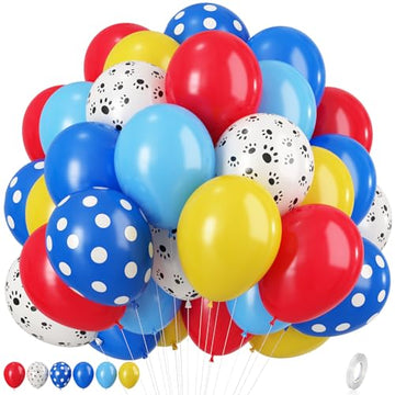 Dog Paw Balloons, 12 Inch Royal Blue Red And Yellow Balloons With White Dog Paw Print Helium Latex Balloons, Carnival Circus Balloons For Dog Paw Themed Boys Girls Birthday Party Decoration Supplies