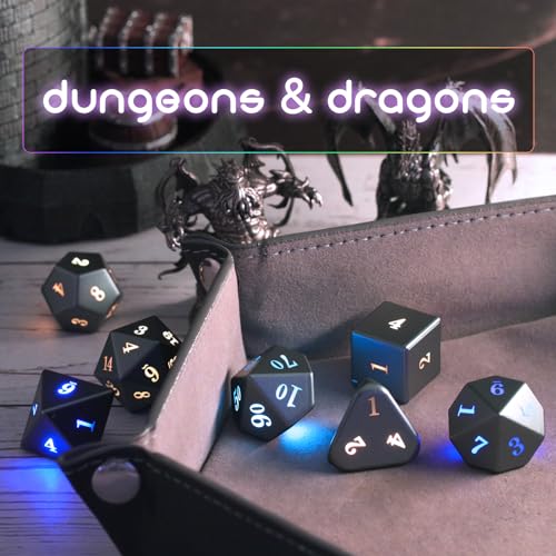 Wireless Charging LED Dice, DND Dice Rechargeable with Charging Box, ZHOORQI 7 PCS Light up Dices for Dungeons and Dragons RPG (